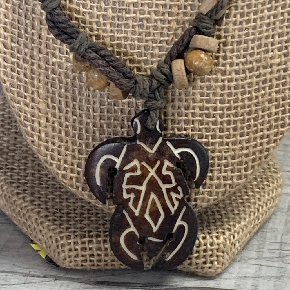 Hand Carved Wood Turtle Pendant Necklace Brown Cord Wooden Bead Tribal Boho 18"